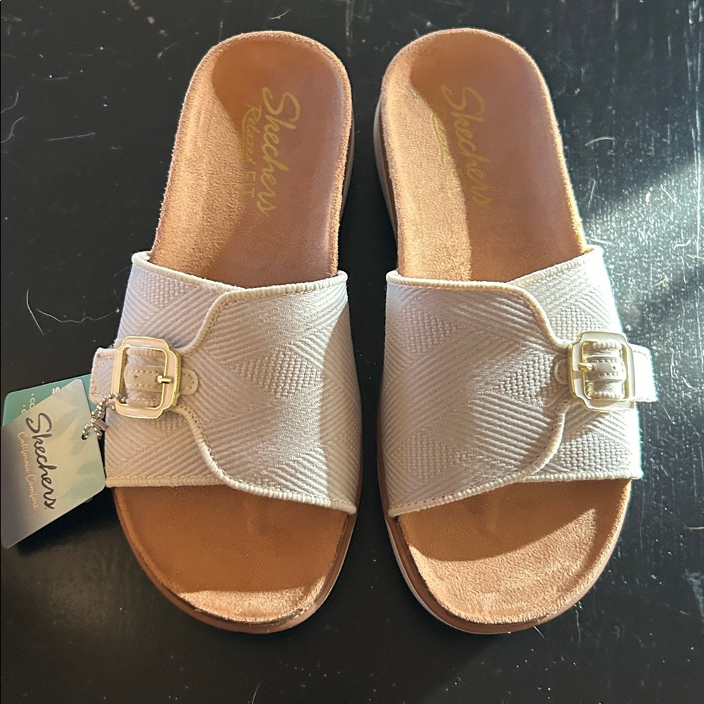 Sketchers  Women's Cream Slide Sandals with Gold Buckle